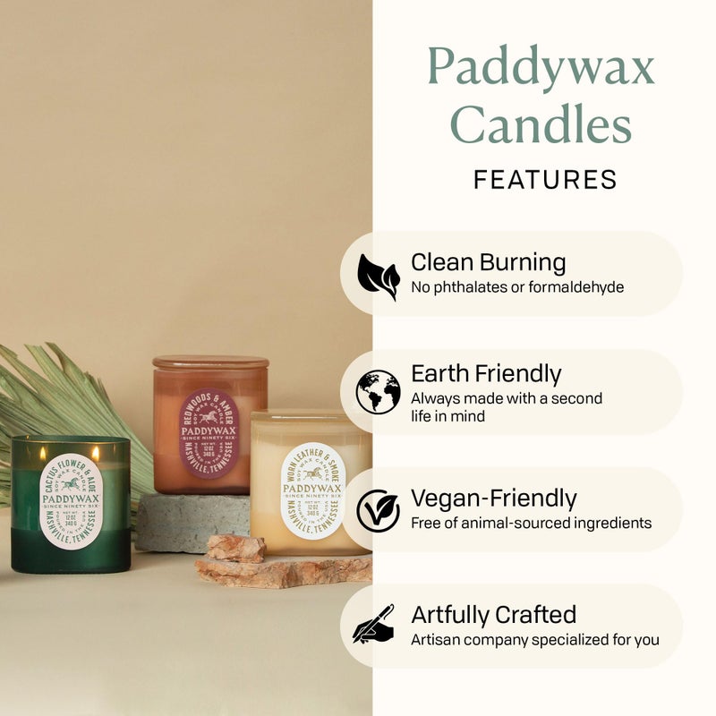 Paddywax Vista Scented Candle with Lid in Reusable Tonal Glass Jar, Clean-Burn 2-Wick Soy Candle with Approx. 84 Hour Burn Time, Decorative Gift Candles for Home, Worn Leather & Smoke, 12 oz - Image 4